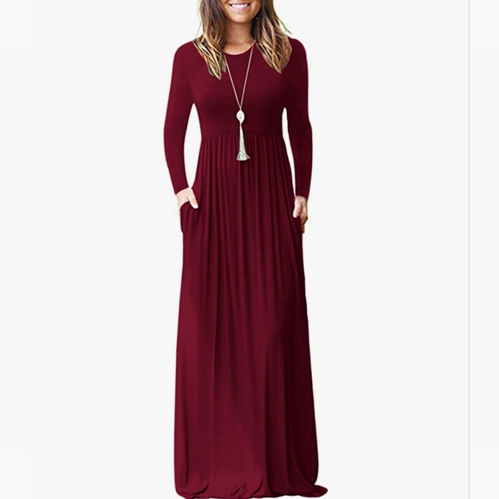 Women Long Sleeve Loose Plain Maxi Dresses Casual Long Dresses with Pocket